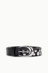 Black leather-look belt with silver moon buckle and round stud accents