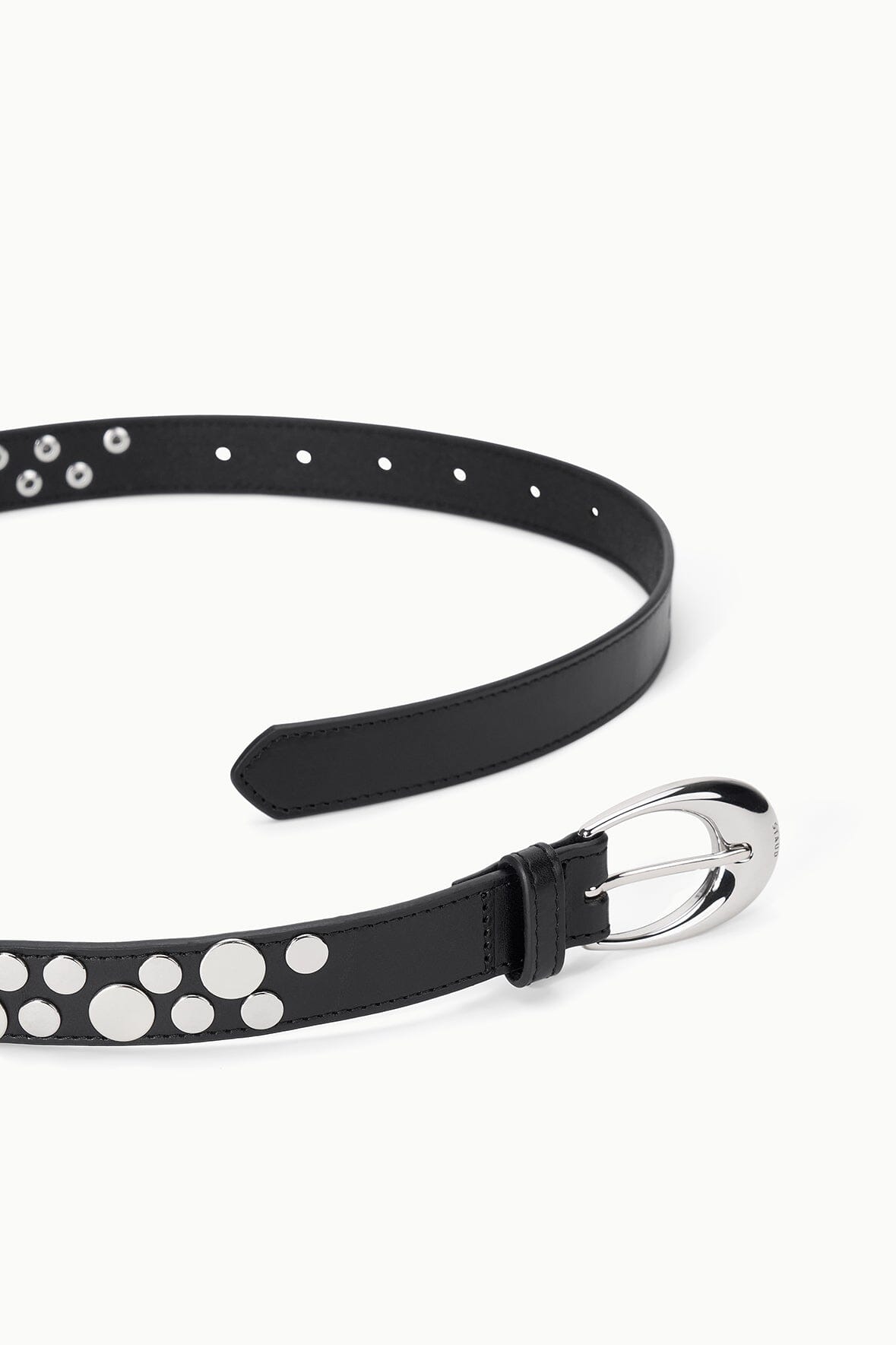 Black belt with round white stud rivets and adjustable strap, moon buckle