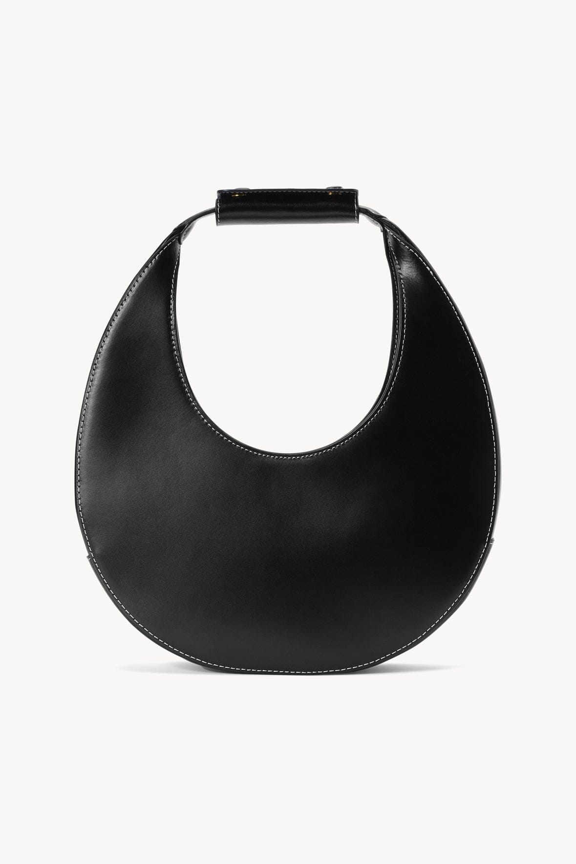 Black crescent hobo bag with top handle and stitched curved opening