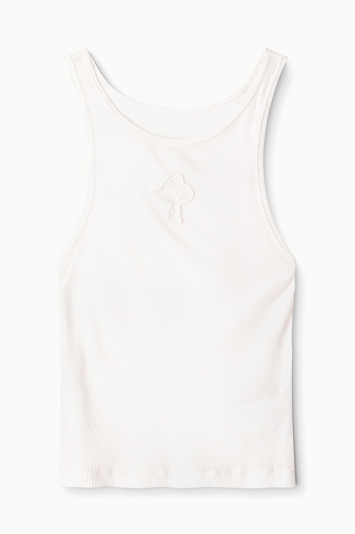 Ivory ribbed tank top with small front embroidery and scoop neckline