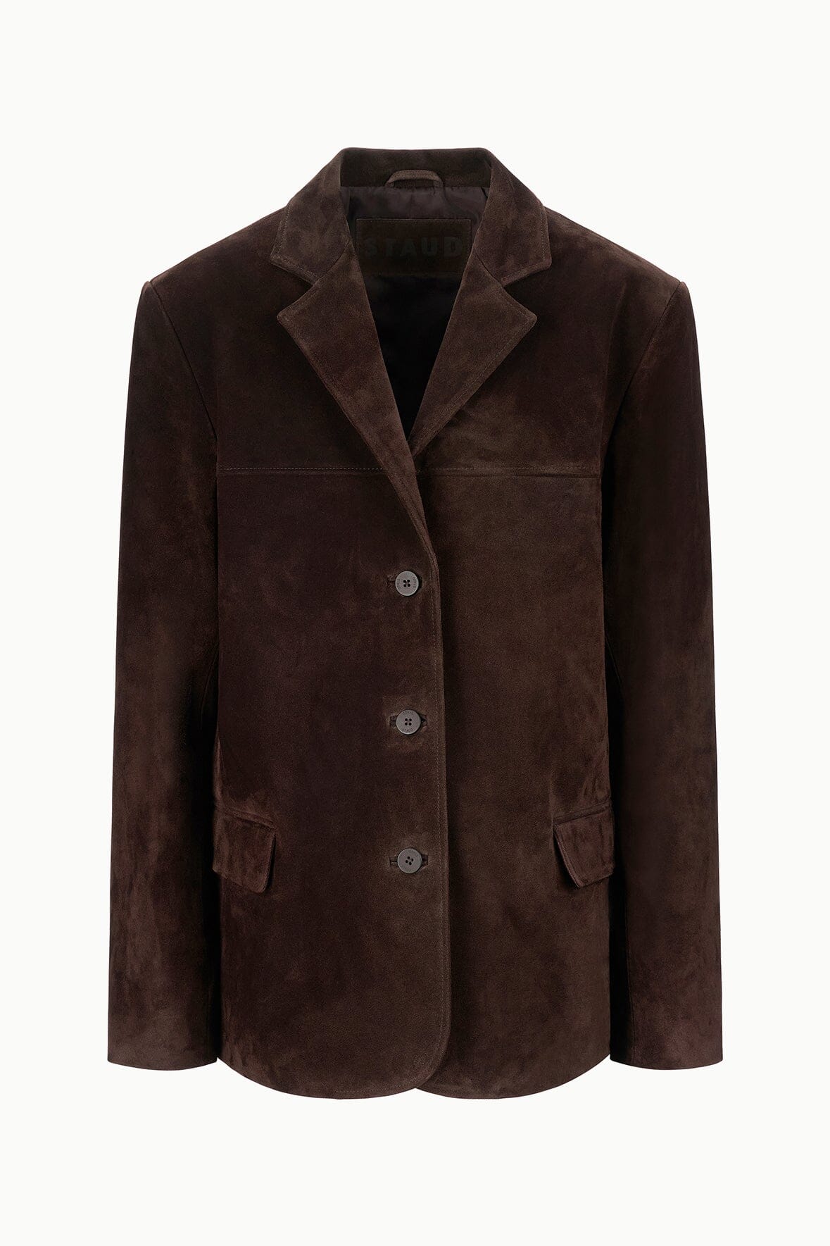 Women's espresso-brown suede jacket front, notch lapels, button closure, flap pockets