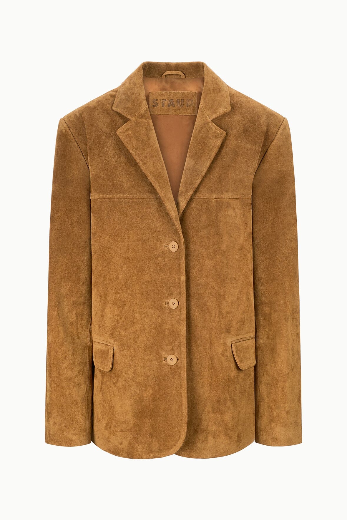 Tan suede blazer jacket on white background, single-breasted with flap pockets