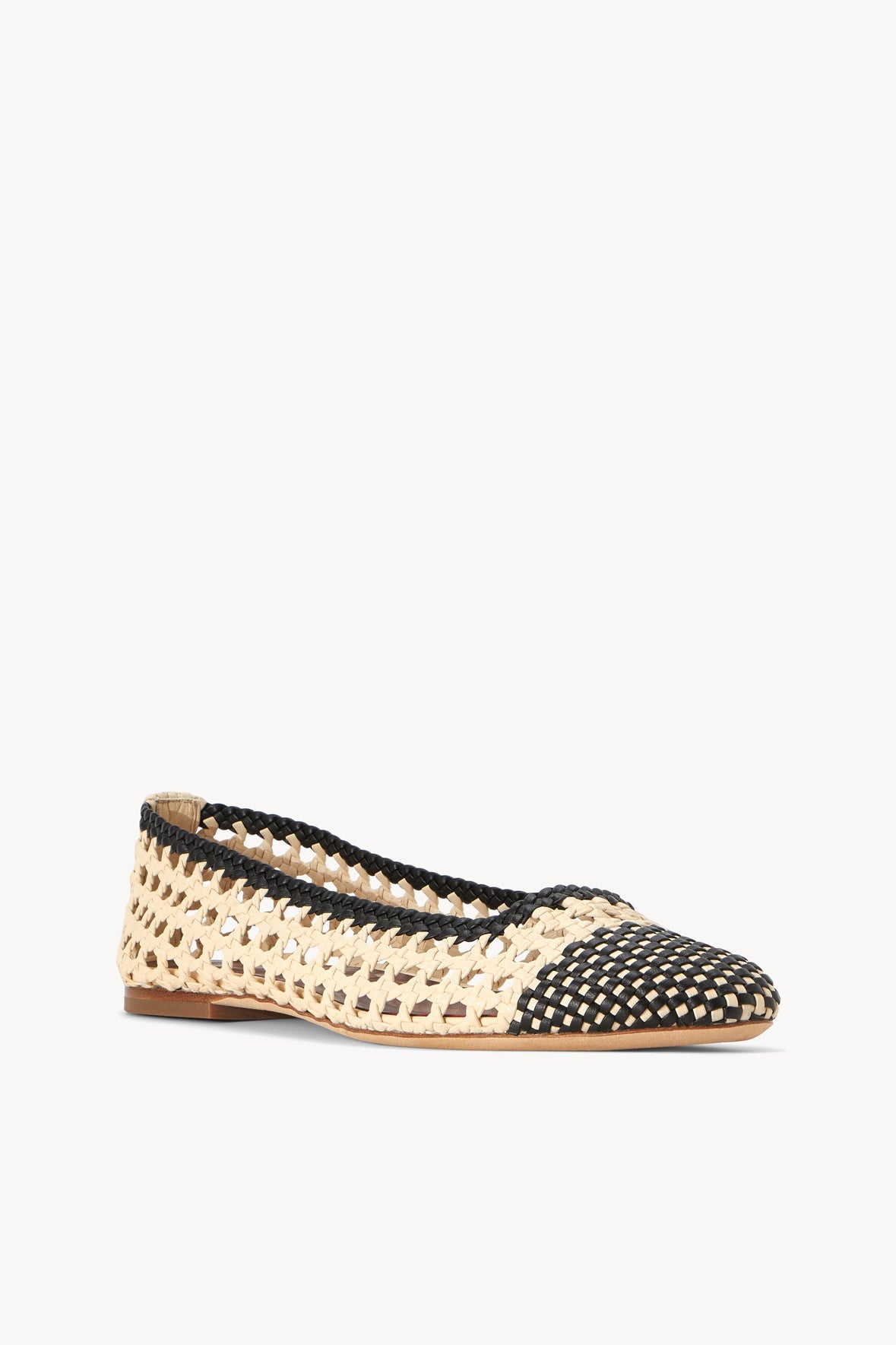 Cream and black crochet ballerina flats, front angle