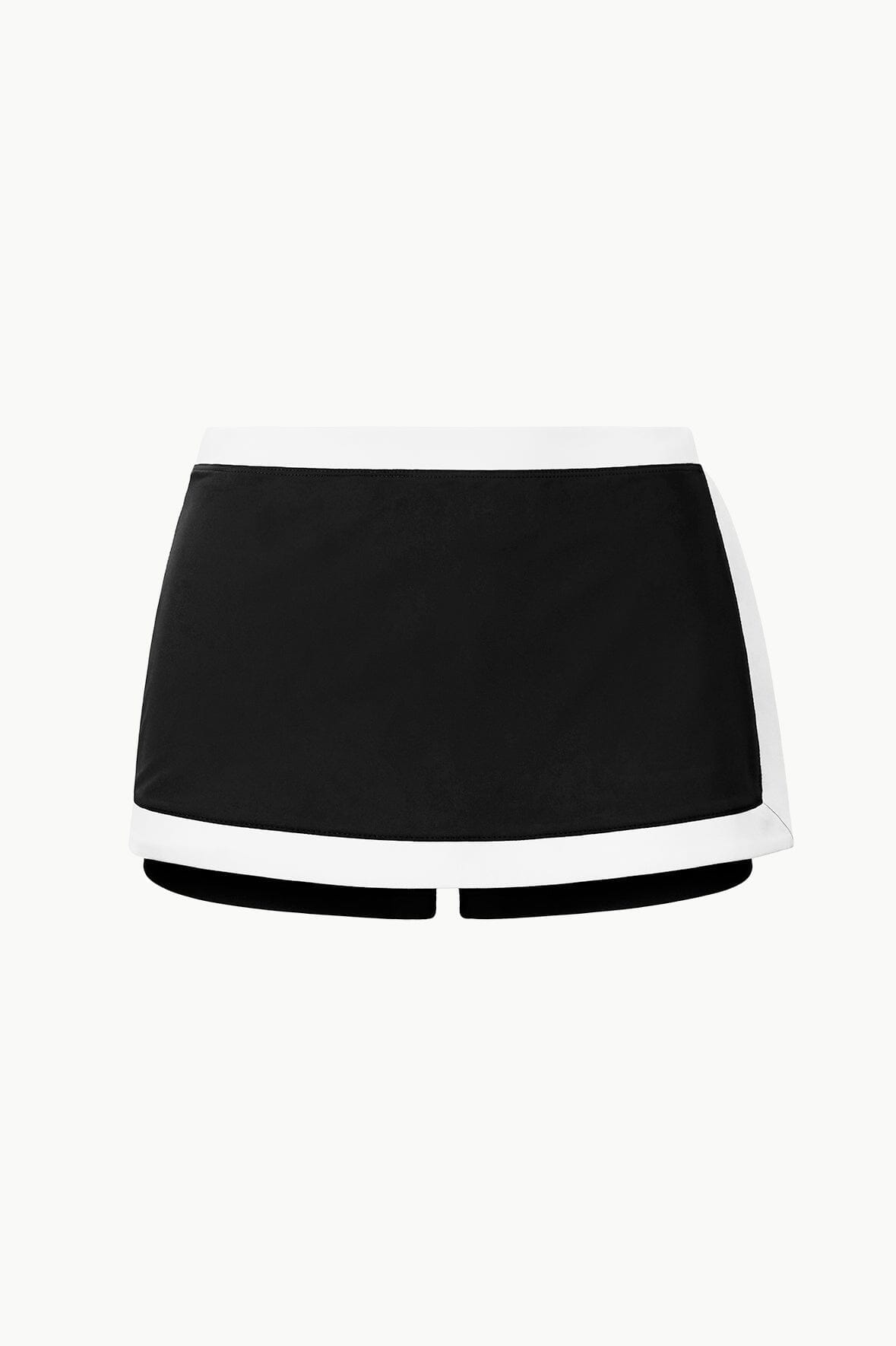 Black swim skirt with white contrast waistband and layered hem