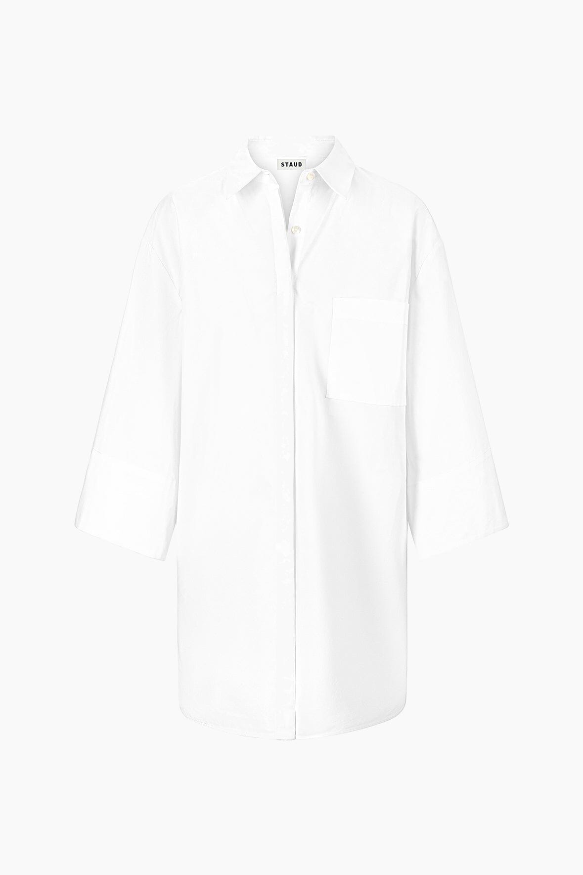 White Nico shirt dress with button front, collar, and chest pocket