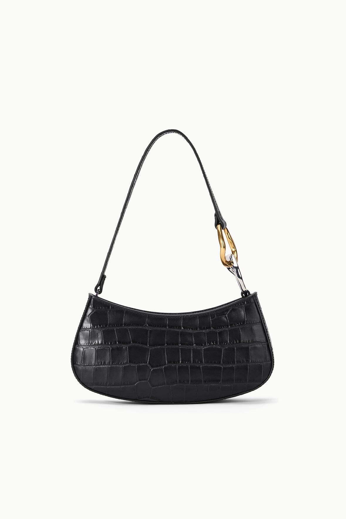 Black croc-embossed hobo bag with curved shoulder strap