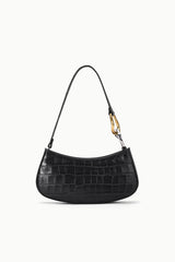 Black croc-embossed hobo bag with curved shoulder strap