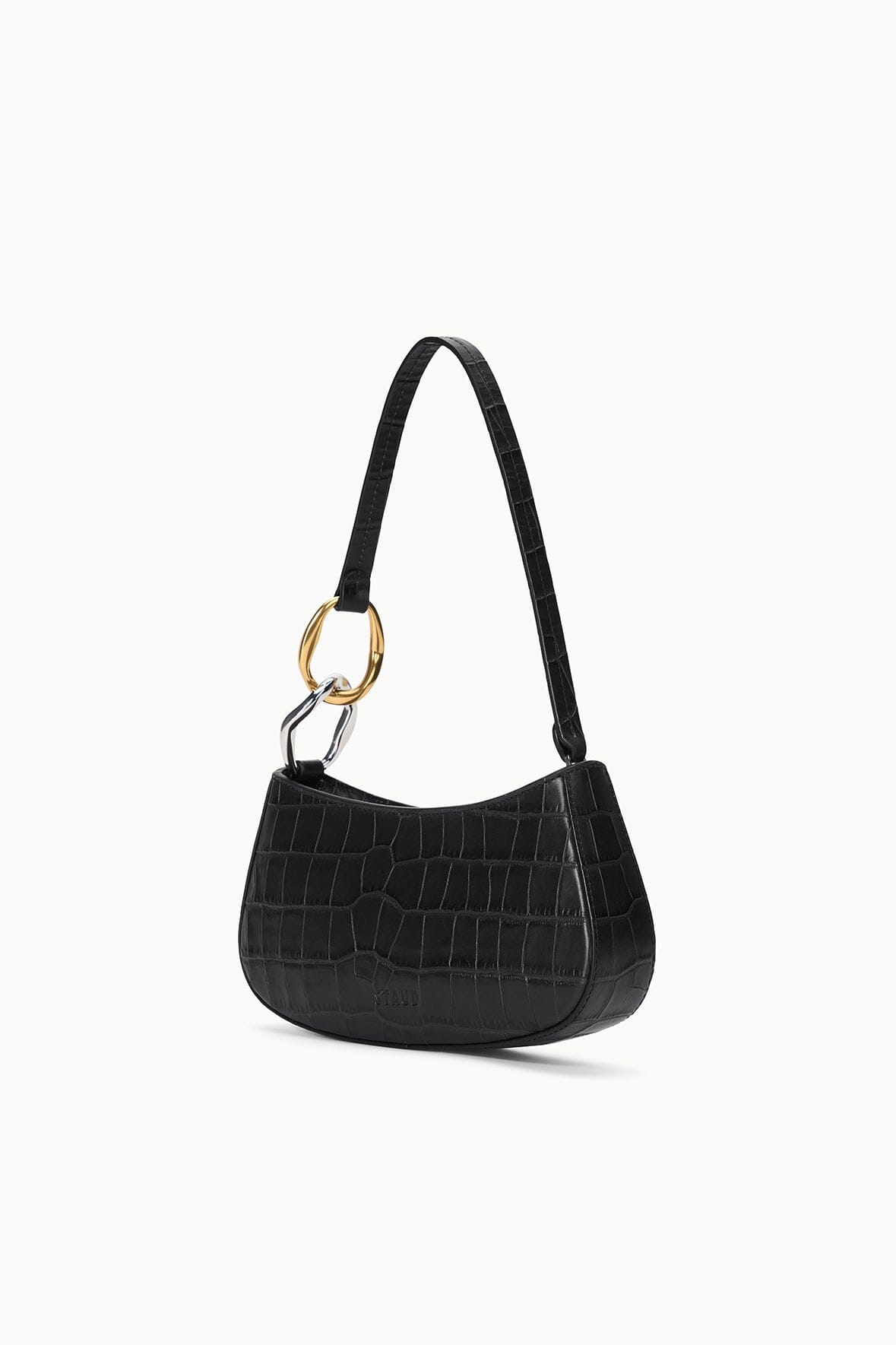 Black croc-embossed hobo bag with gold ring handle detail