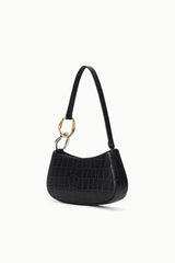 Black croc-embossed hobo bag with gold ring handle detail