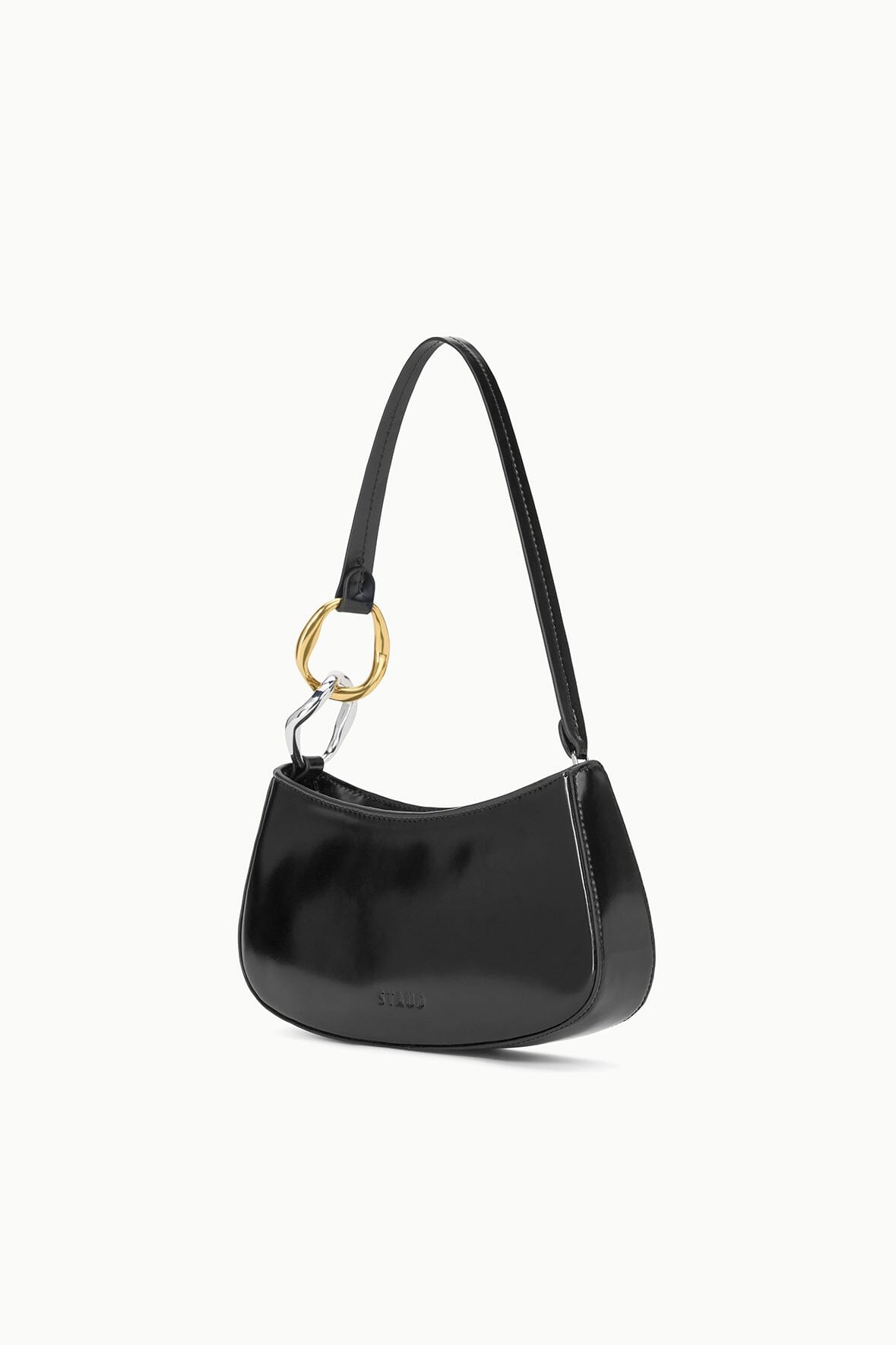 Black hobo bag with gold ring hardware and short shoulder strap