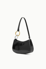 Black hobo bag with gold ring hardware and short shoulder strap