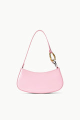 Pink hobo handbag with curved silhouette and adjustable shoulder strap