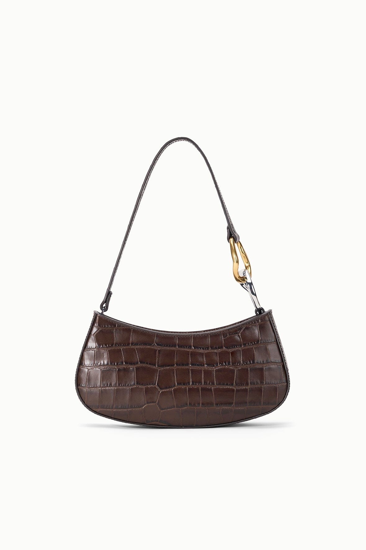 Espresso croc-textured hobo bag with gold-tone strap hardware and curved handle