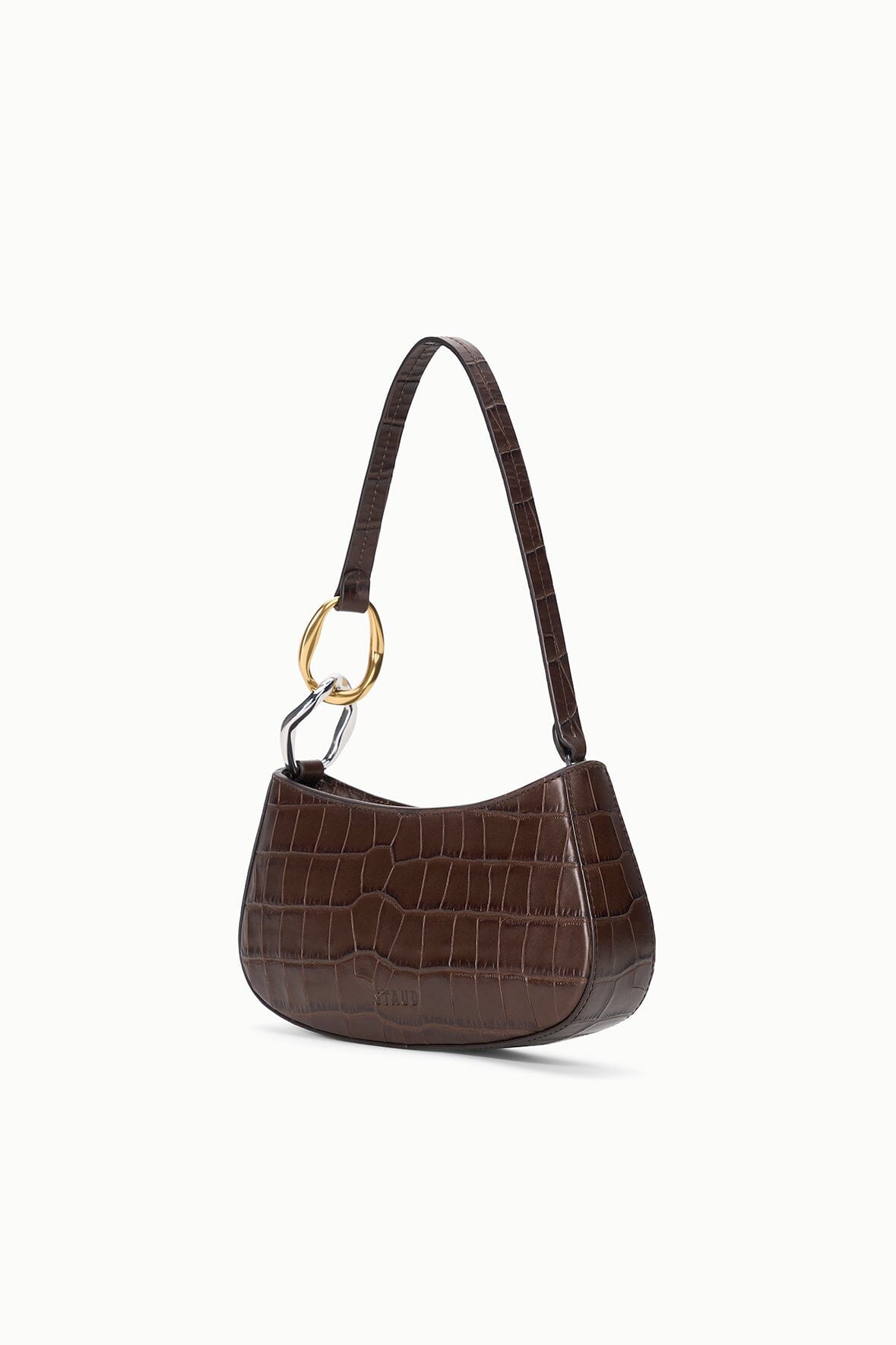Espresso croc-textured shoulder hobo bag with gold ring handle accents