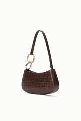 Espresso croc-textured shoulder hobo bag with gold ring handle accents