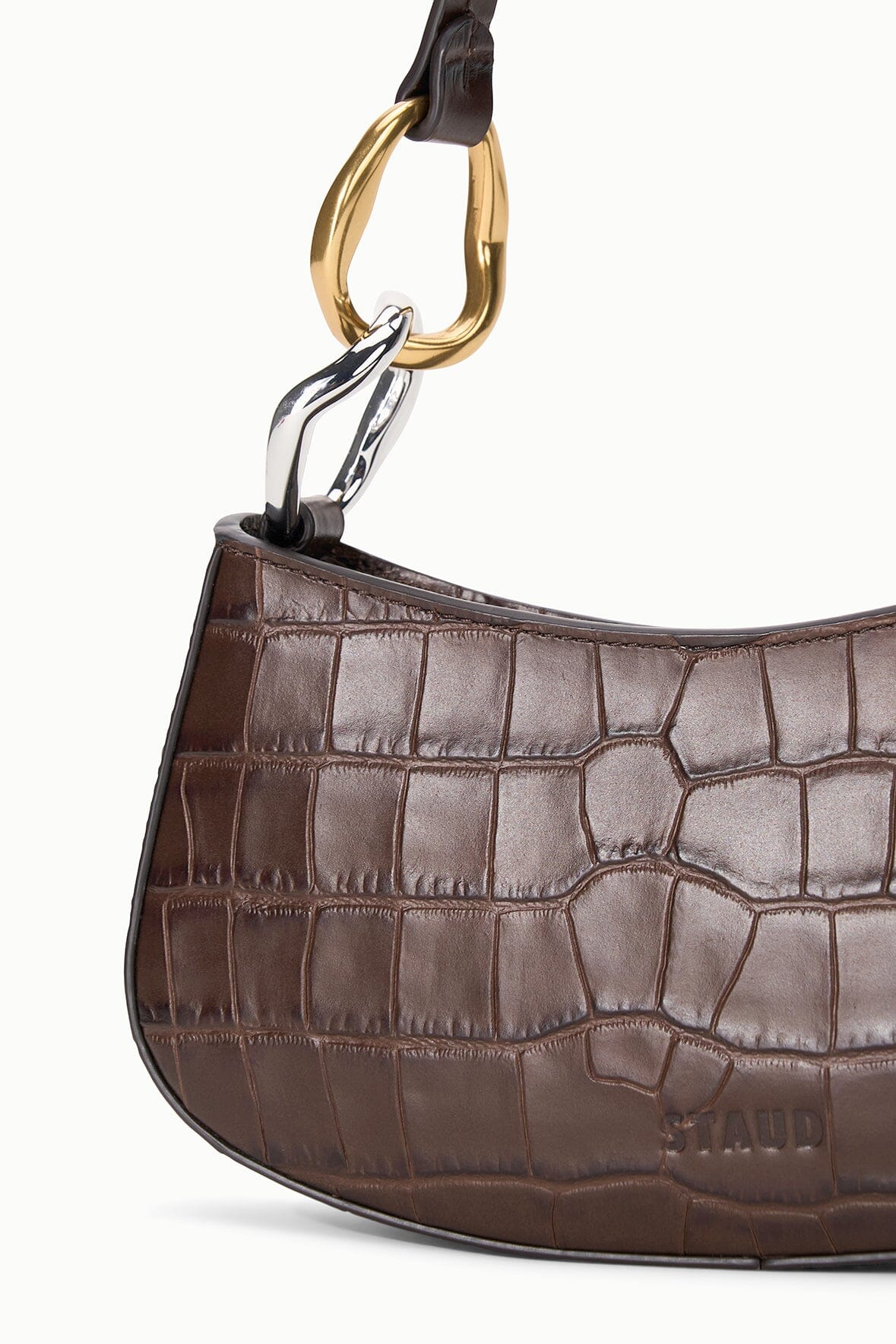 Croc-effect hobo bag with gold clasp and embossed croc-pattern front