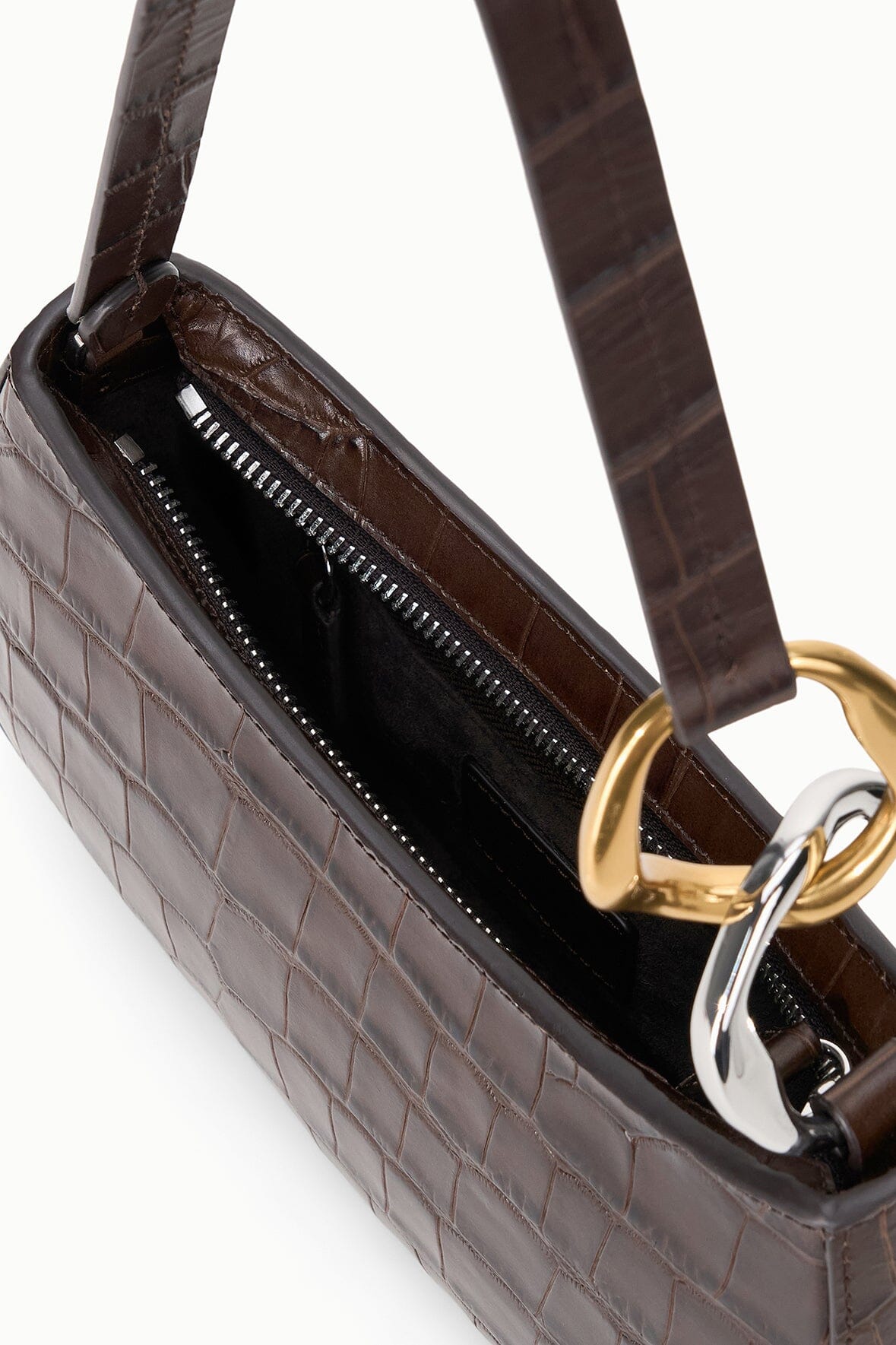 Espresso croc hobo bag open top with zip pocket lining and gold D-ring hardware