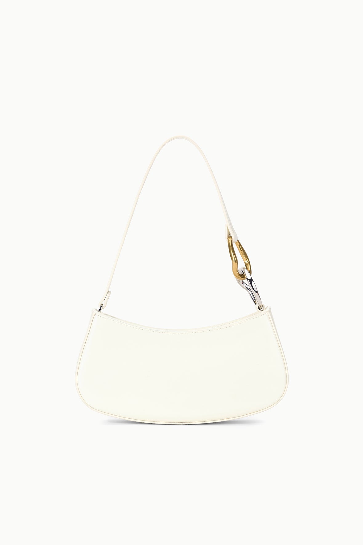 Off-white hobo handbag with short handles and gold ring hardware, zipped top.