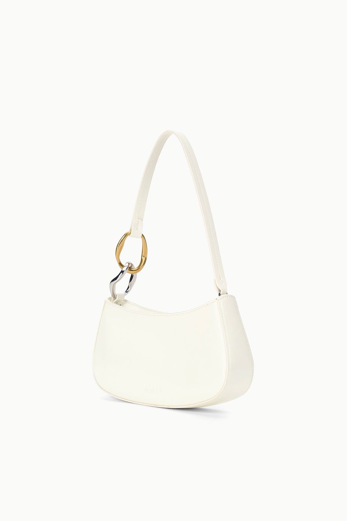 Off-white hobo handbag, angled view, curved silhouette with gold ring handle.