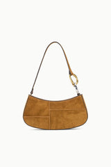 Tan suede hobo bag with top handle and gold-tone ring hardware