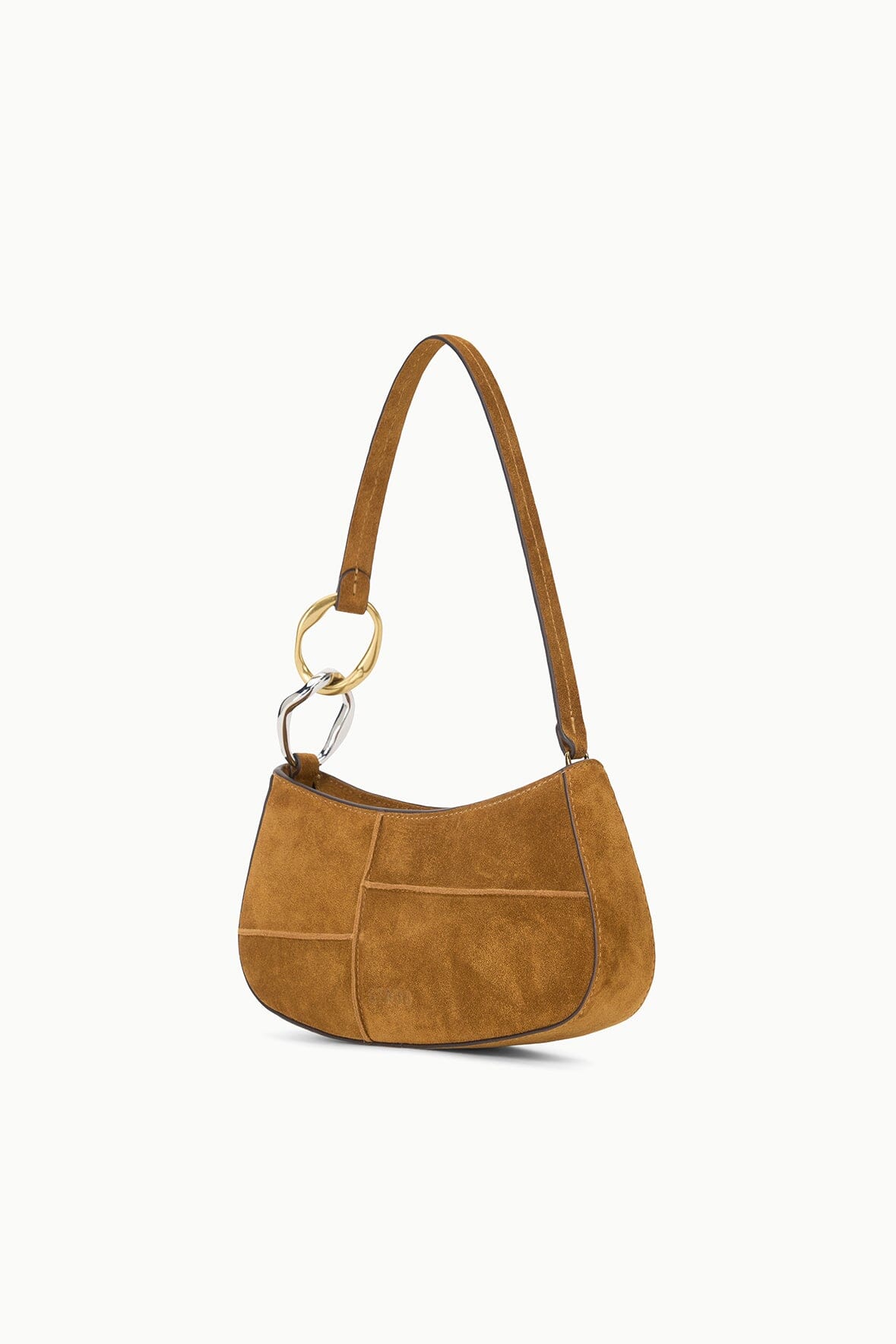 Tan suede hobo bag with shoulder strap and gold-tone O-ring detail