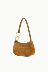 Tan suede hobo bag with shoulder strap and gold-tone O-ring detail