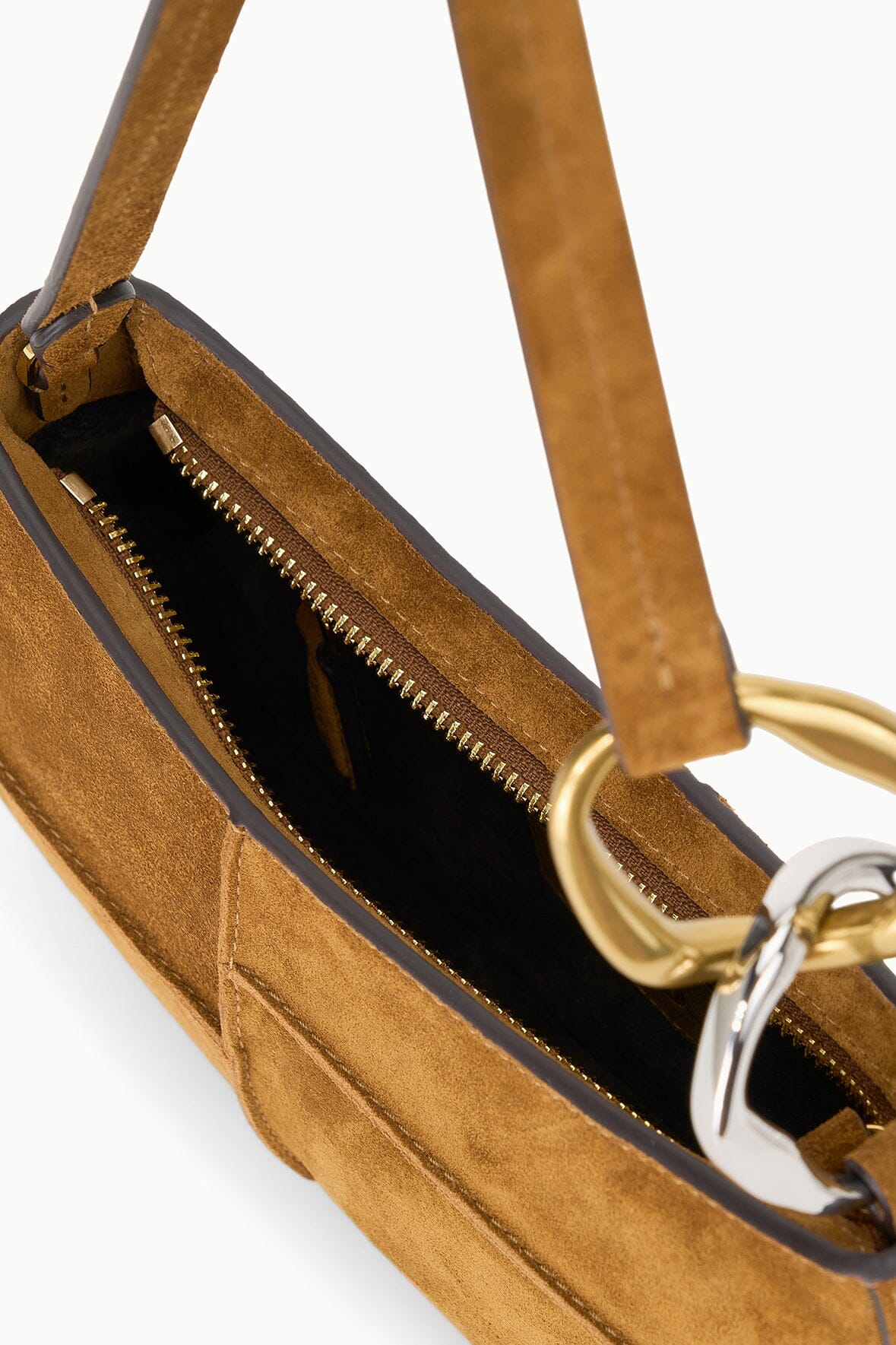 Tan suede hobo bag open top with dual zipper pockets and gold hardware