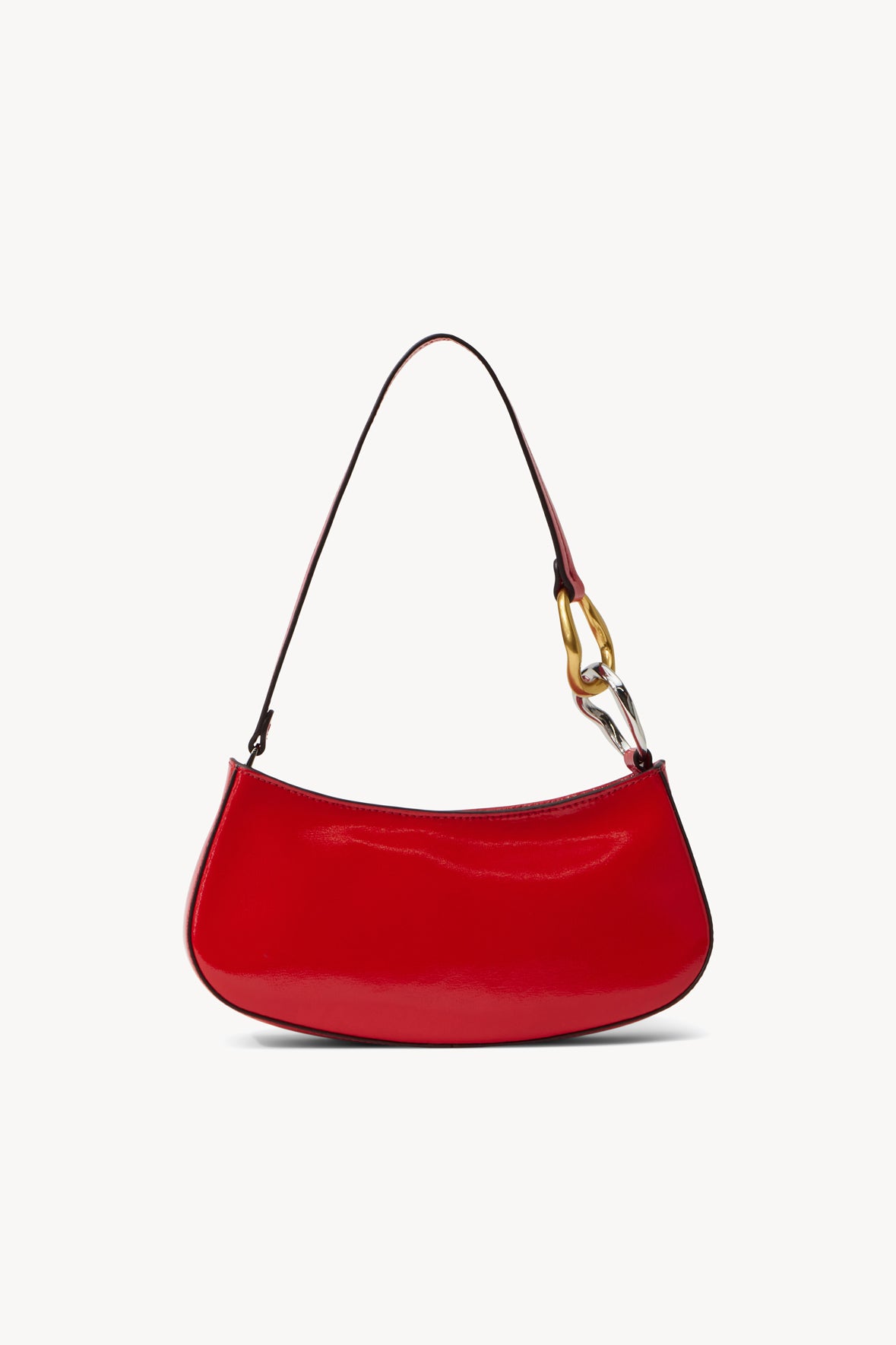 Red hobo-style shoulder bag with curved handle and gold-toned clasp