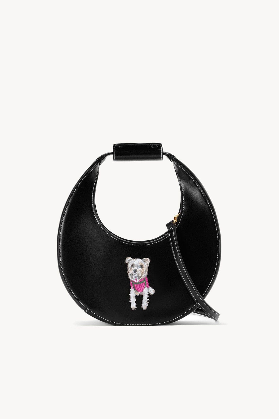 Black mini moon bag with adjustable strap and hanging dog charm
