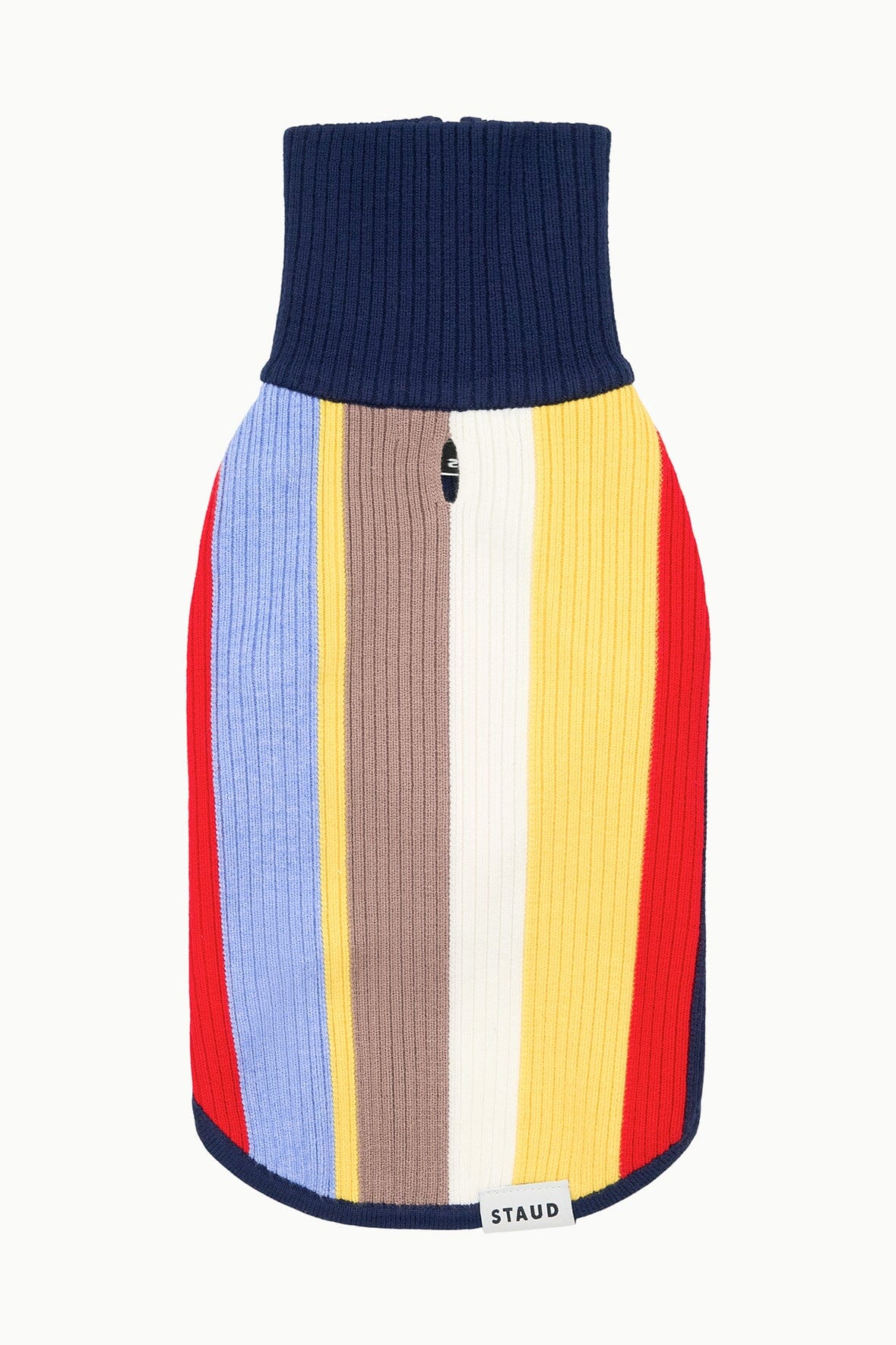 Pet dog sweater with ribbed navy turtleneck and vertical multicolor stripe panels