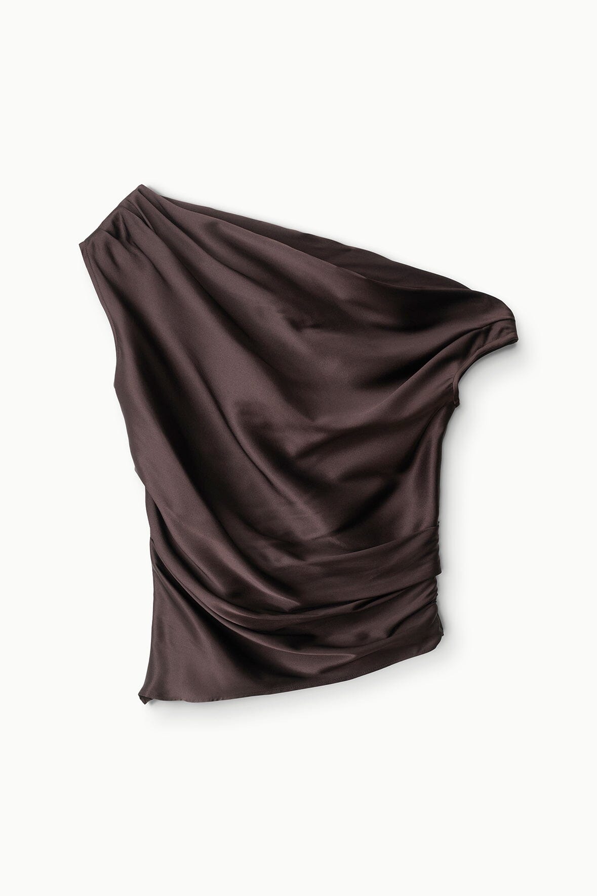 Draped one-shoulder silk top in dark brown, ruched waist detail