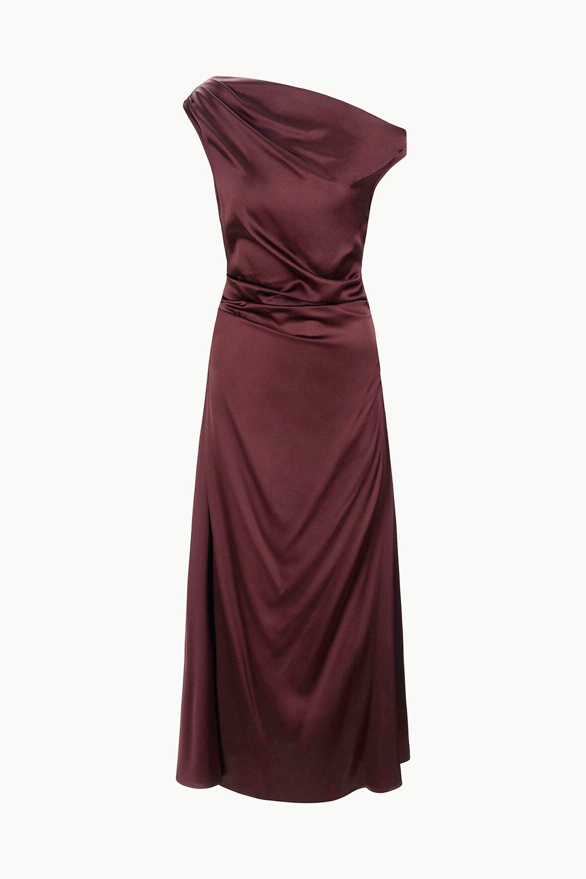 Merlot satin silk off-shoulder draped midi dress with side ruching.