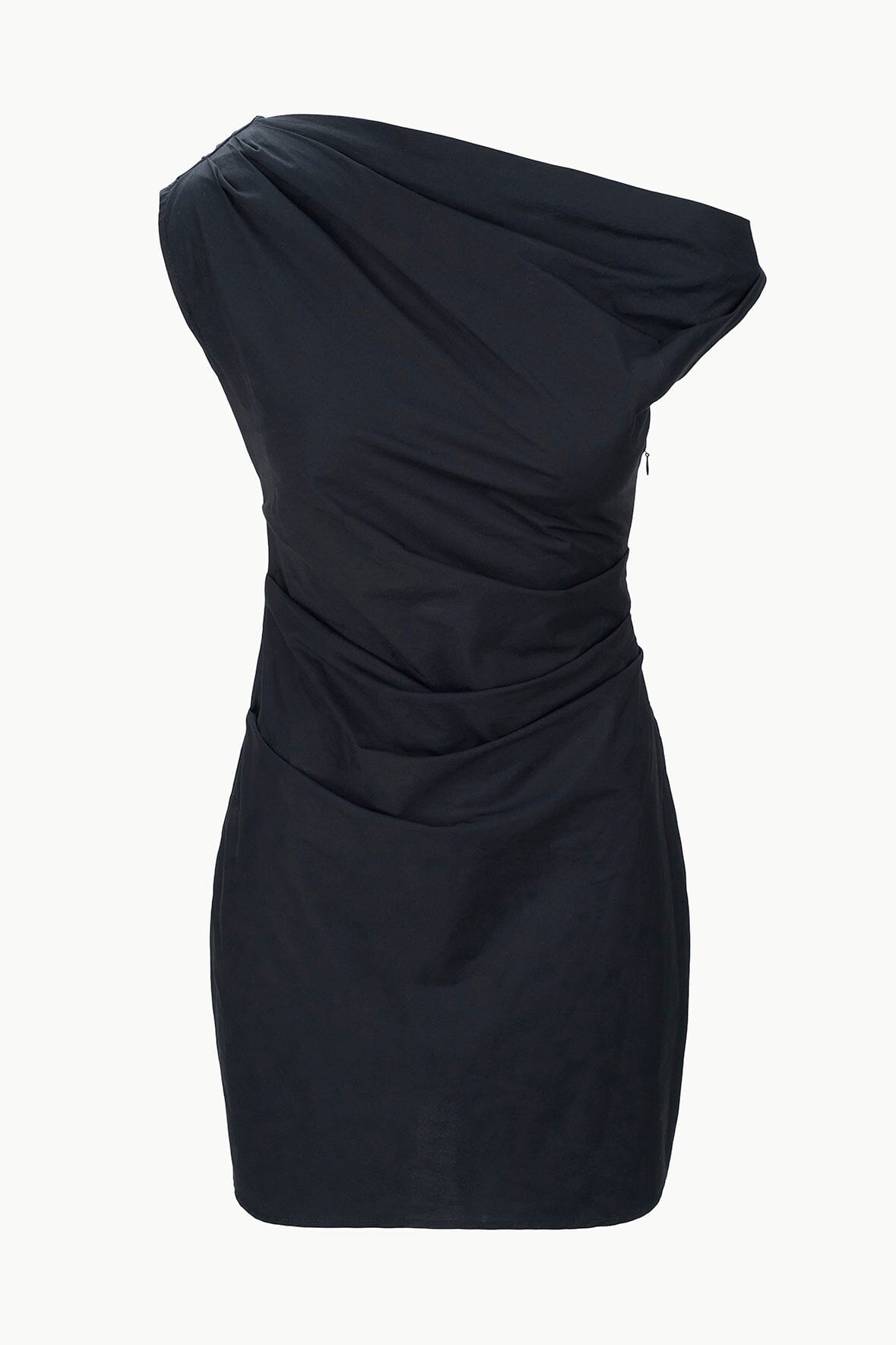 Black mini Phare dress close-up showing one-shoulder draping and waist gathering
