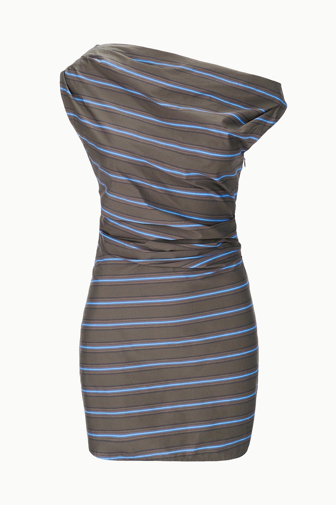 Striped mini dress close-up, one-shoulder draped neckline, blue-gray with light-blue lines