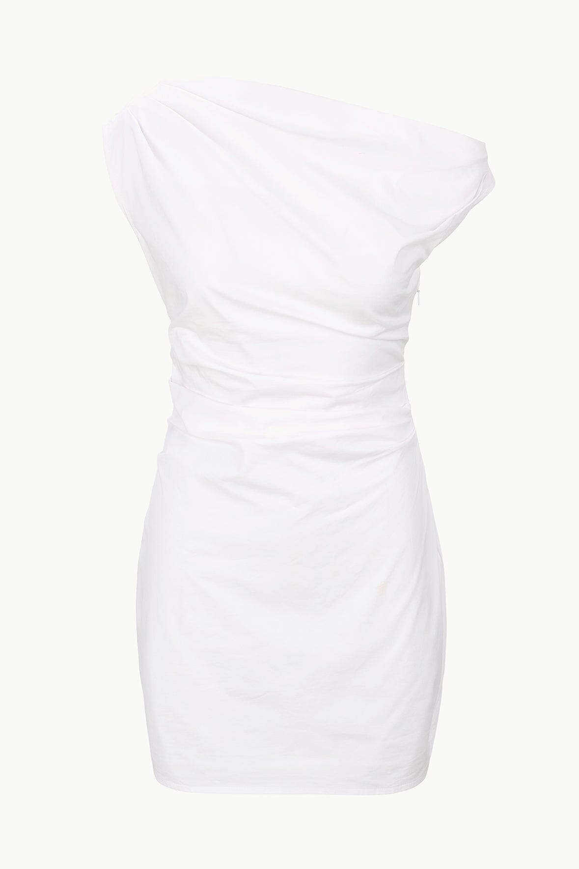 White mini dress close-up showing gathered waist and ruched bodice