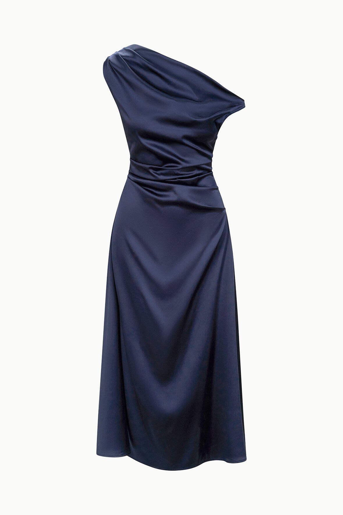 Navy one-shoulder silk dress, draped bodice and gathered waist seam