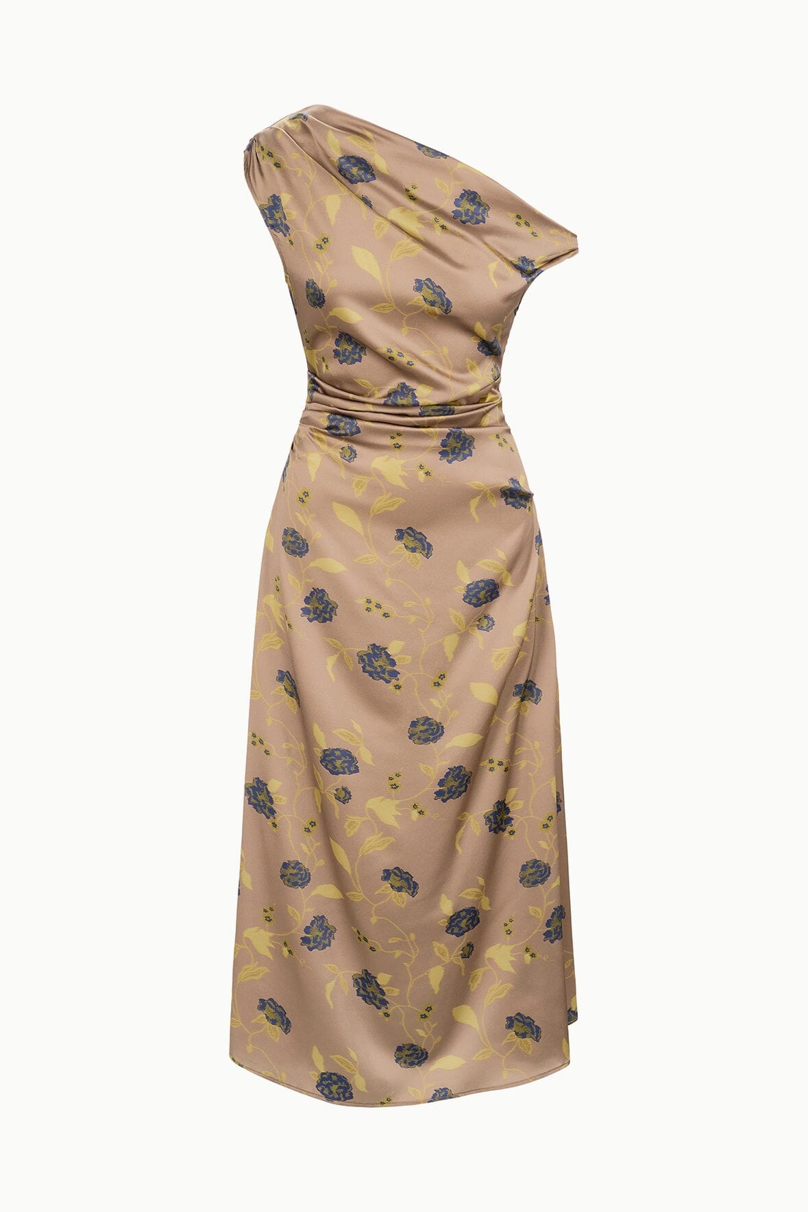 Silk midi dress with vintage floral print, cowl neckline and gathered waist