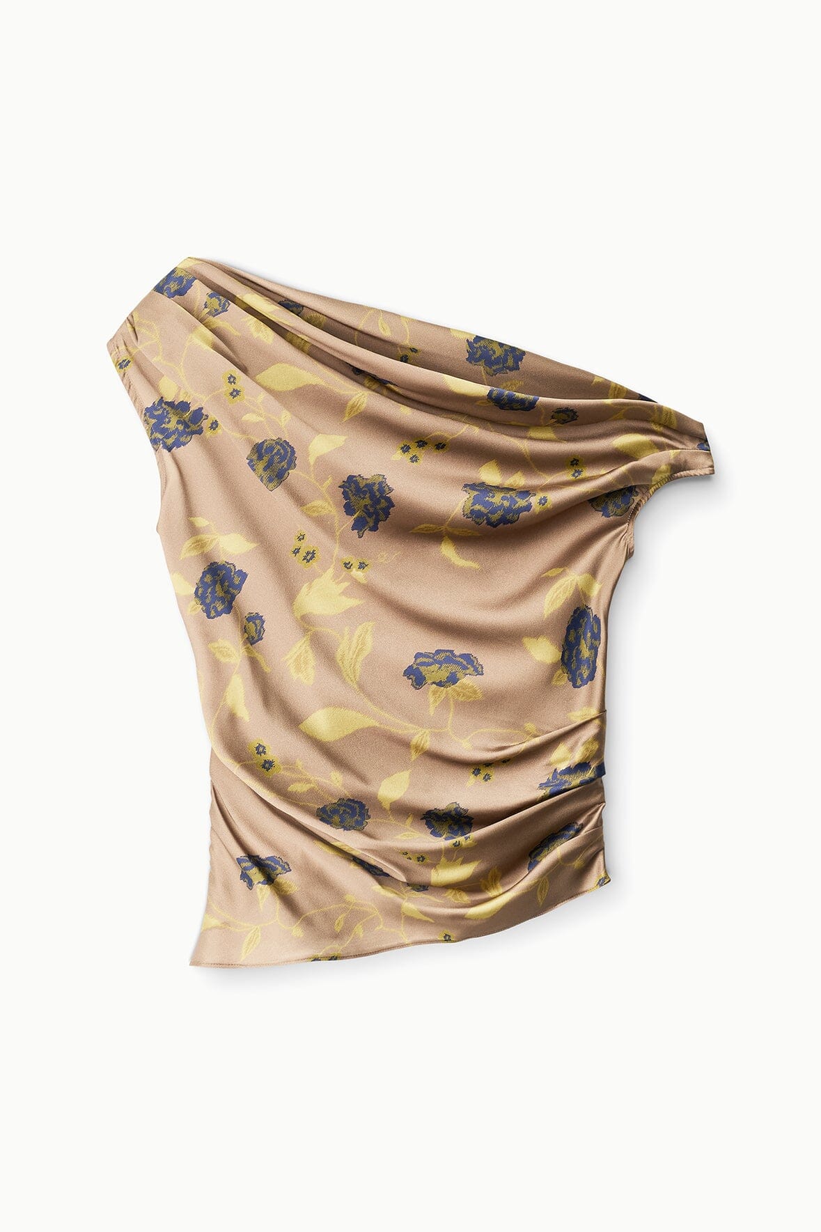 Silk fabric drape with vintage floral print in blue on tan, gathered folds