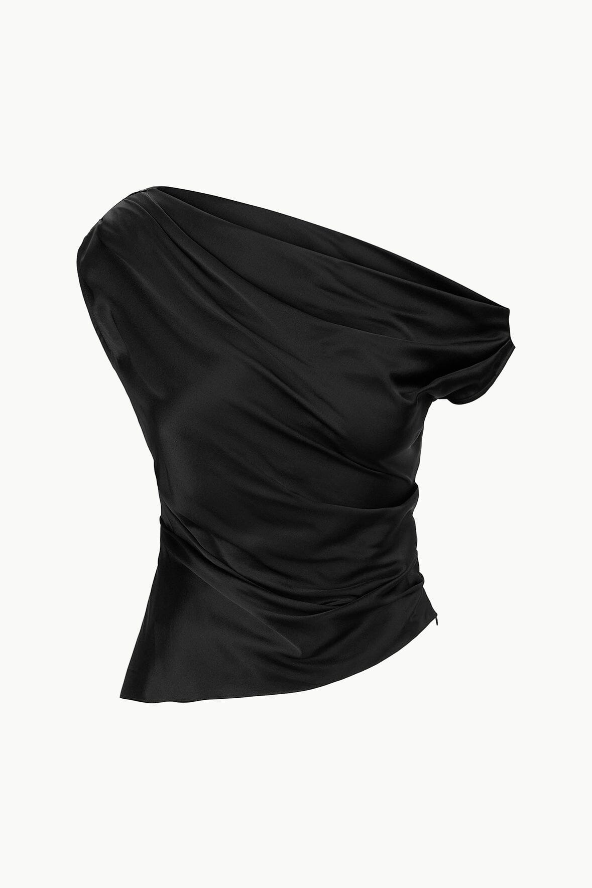 PHARE black silk one-shoulder top with gathered drape and side ruching
