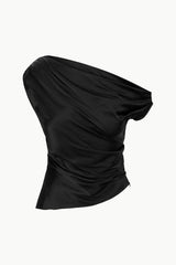 PHARE black silk one-shoulder top with gathered drape and side ruching