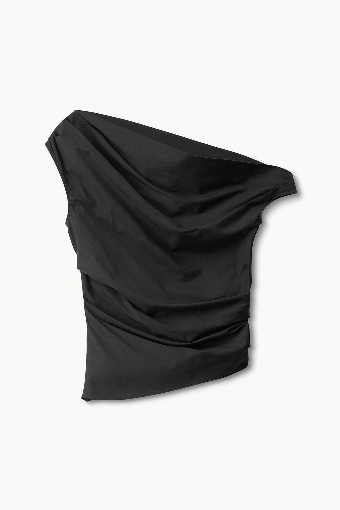 Black draped one-shoulder top fabric detail with gathered folds