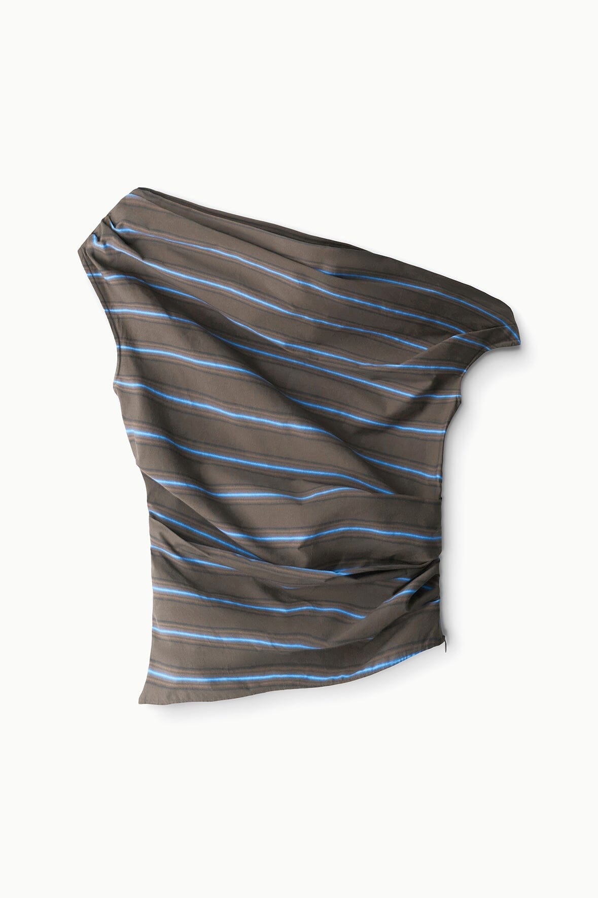 Asymmetric off-shoulder striped draped top, dark with blue horizontal stripes