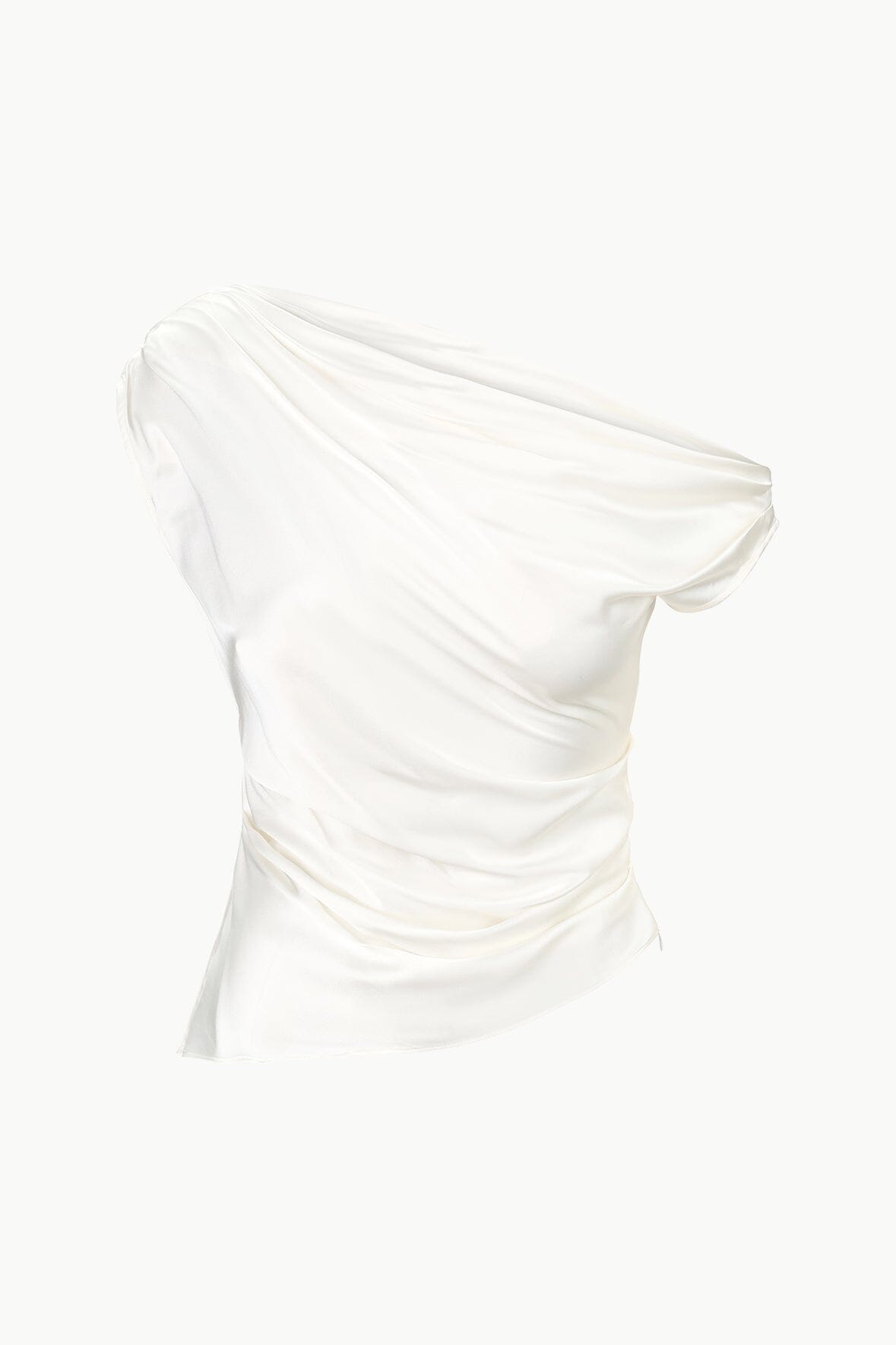 Ivory one-shoulder silk top with draped cowl and ruched side