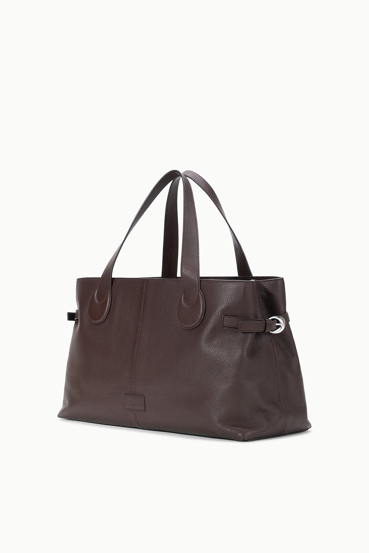 Espresso-brown structured tote bag with two handles and front strap clasp