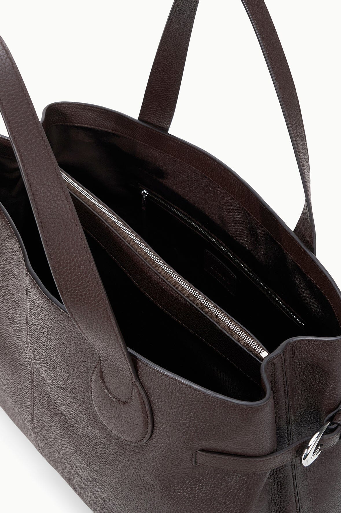 Espresso-brown tote bag interior with zipper and two compartments