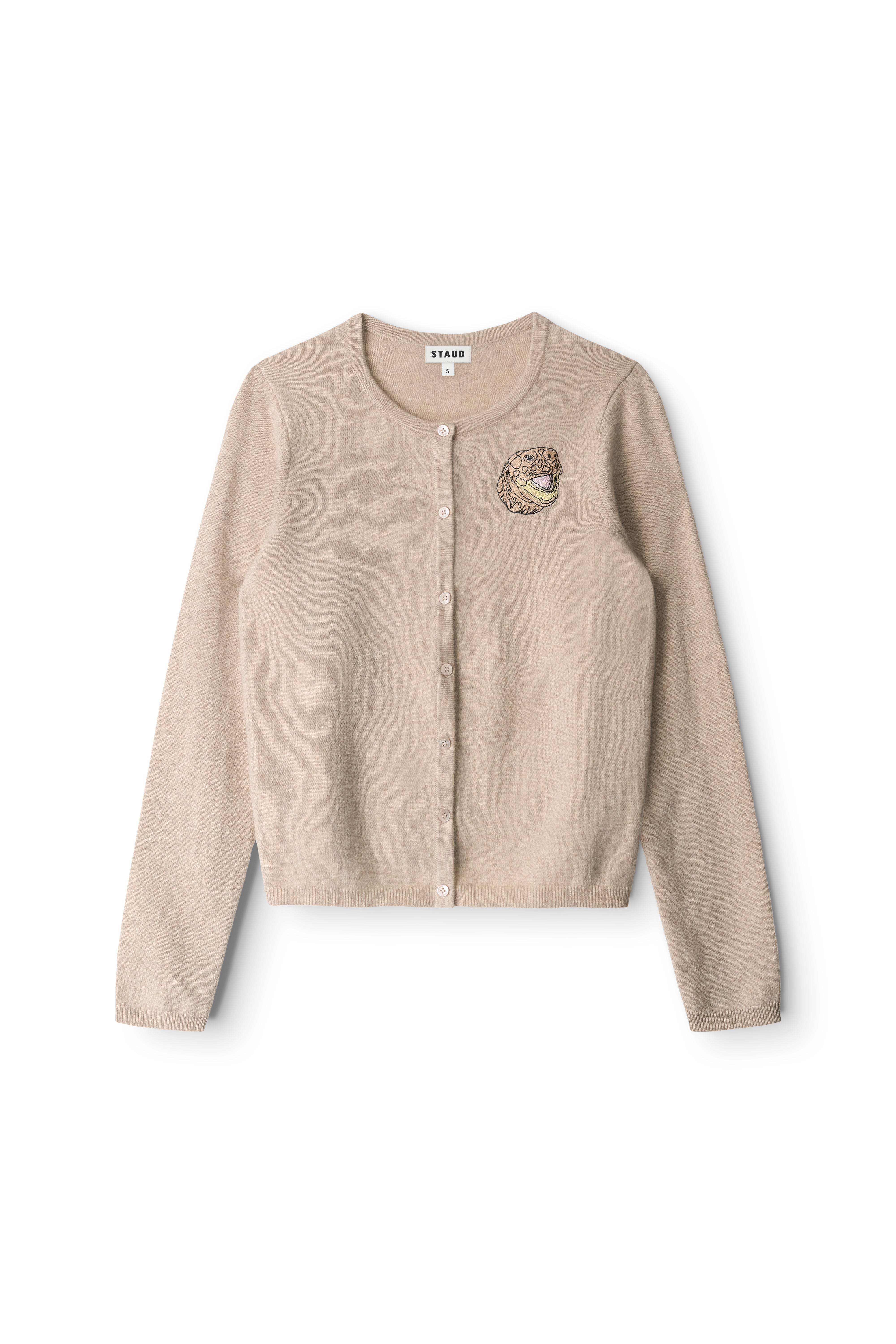 Stone cashmere cardigan, long sleeves, button-front, crest patch (flat lay)