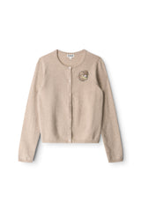 Stone cashmere cardigan, long sleeves, button-front, crest patch (flat lay)