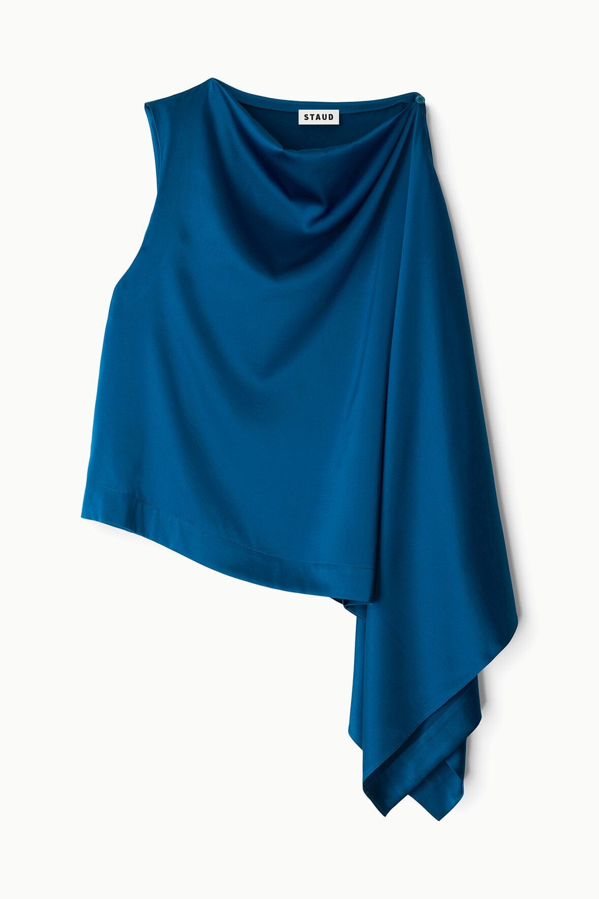 Blue sleeveless silk top with cowl neckline and draped asymmetrical hem