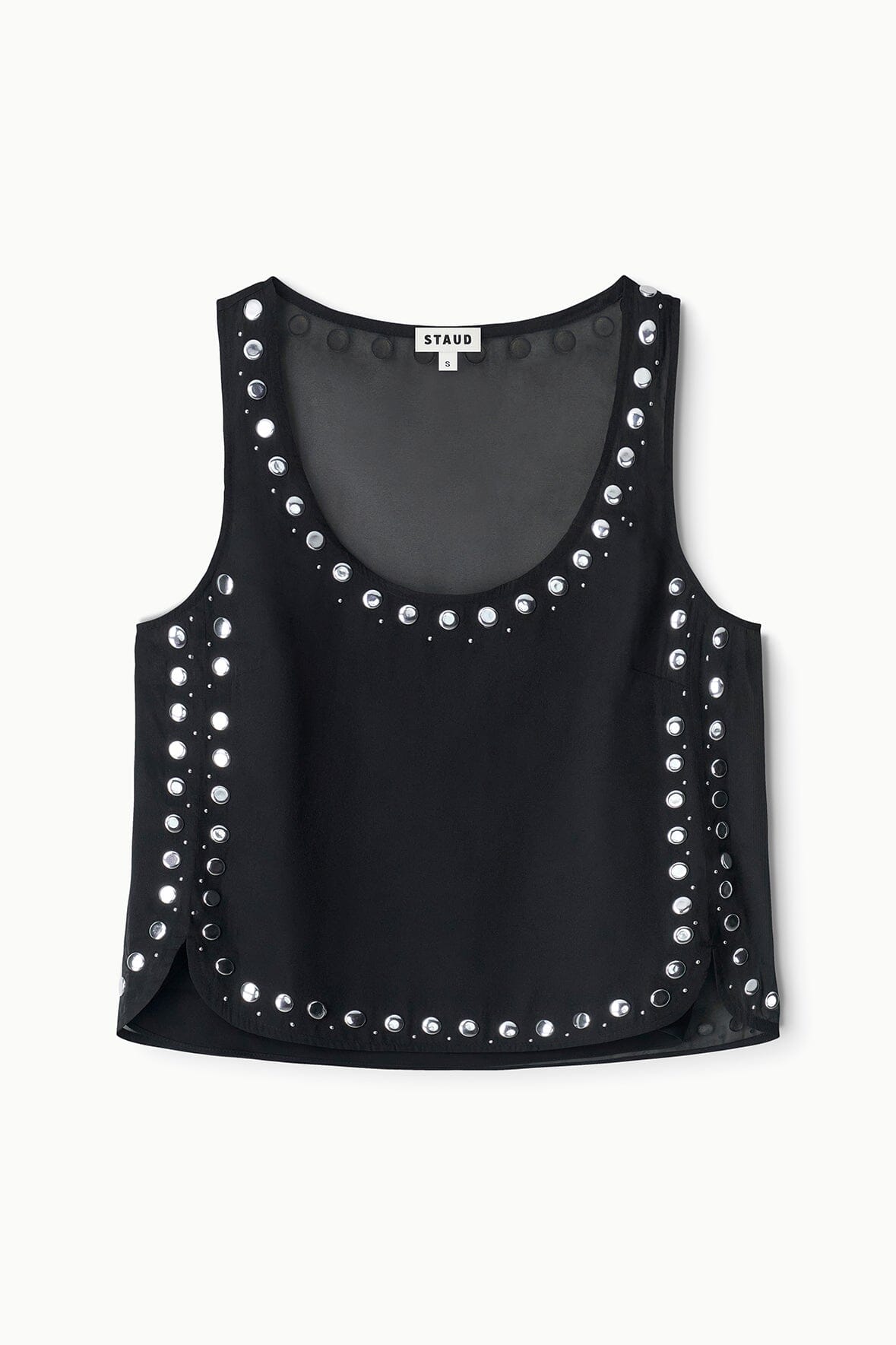 Black sleeveless studded top with U neckline and silver studs around the edges