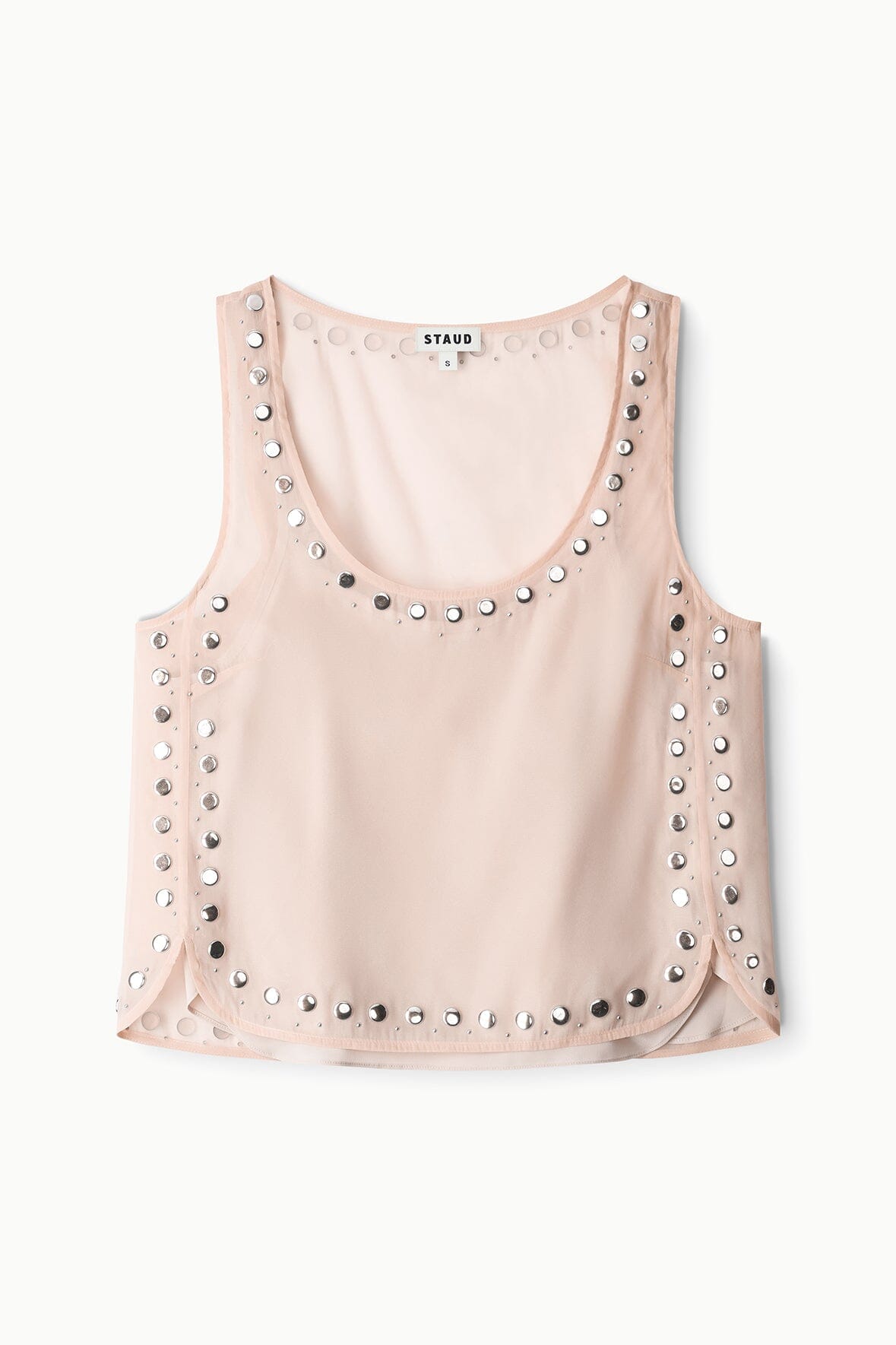 Light pink tank top flat lay with silver stud border and open U neckline